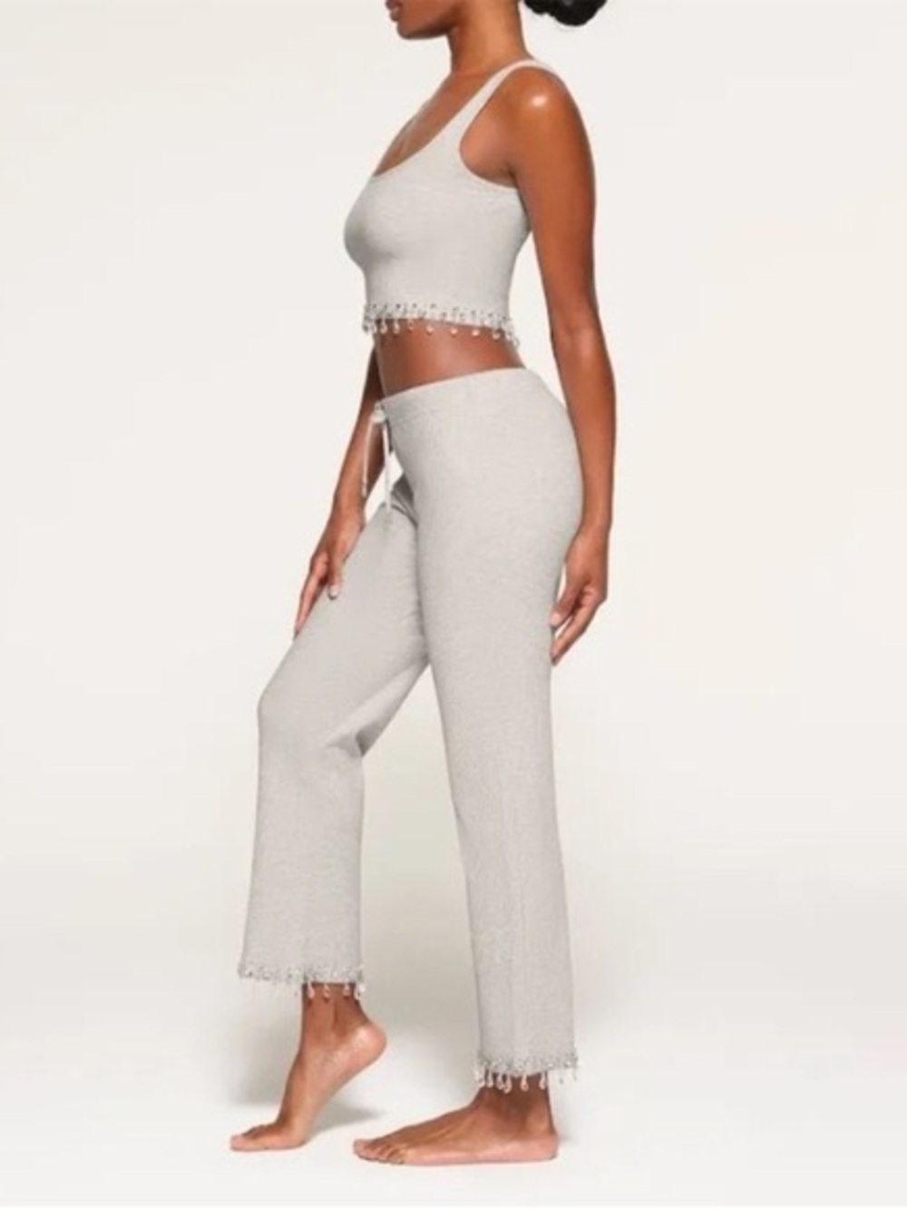 SKIMS Cream Beaded Fringe Knit Crop Tank & Drawstring Pants Set